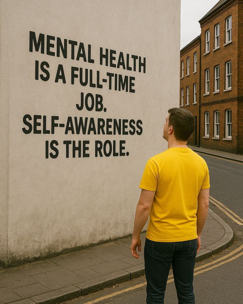A focused leader in reflection, with a looking at a wall that reminds like that mental health might be his job but self awareness is his role.