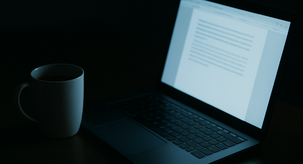 A lone laptop glowing on a dark desk, representing leadership burnout and work addiction.