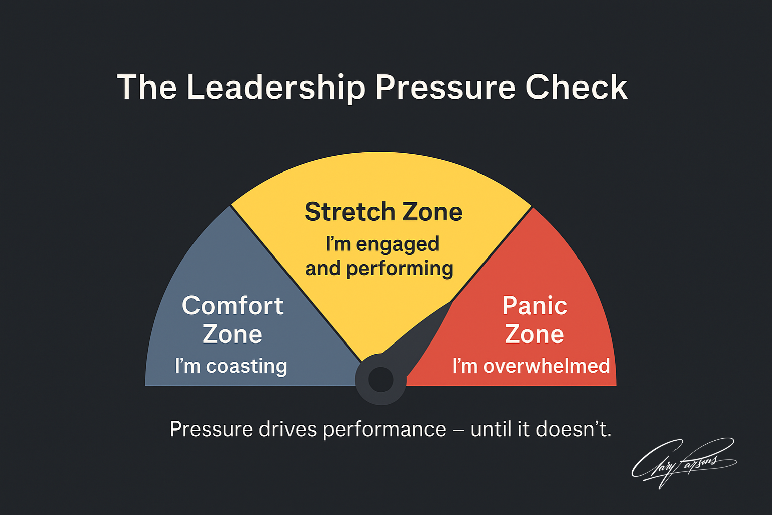 Horizontal gauge titled ‘The Leadership Pressure Check’ divided into Comfort, Stretch, and Panic Zones, showing how leaders can assess their pressure levels to maintain optimal performance and wellbeing.