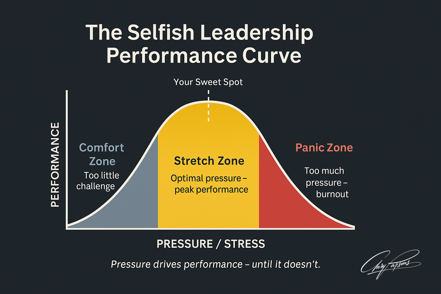Diagram titled ‘The Selfish Leadership Performance Curve’ showing a bell-shaped graph with three zones — Comfort Zone (too little challenge), Stretch Zone (optimal pressure and peak performance), and Panic Zone (too much pressure and burnout) — illustrating how performance rises with pressure to a sweet spot before declining under excessive stress.