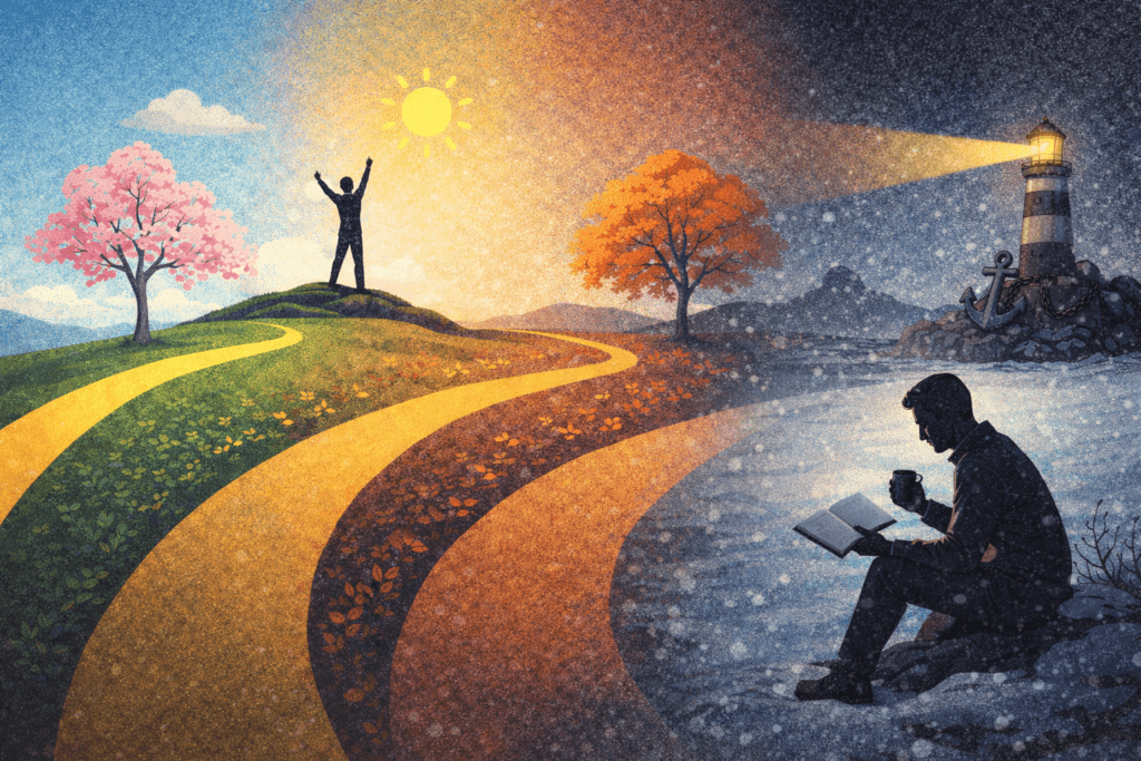 Illustration showing leadership as a seasonal journey, highlighting winter as a time for reflection, preparation, and protecting energy rather than constant growth.