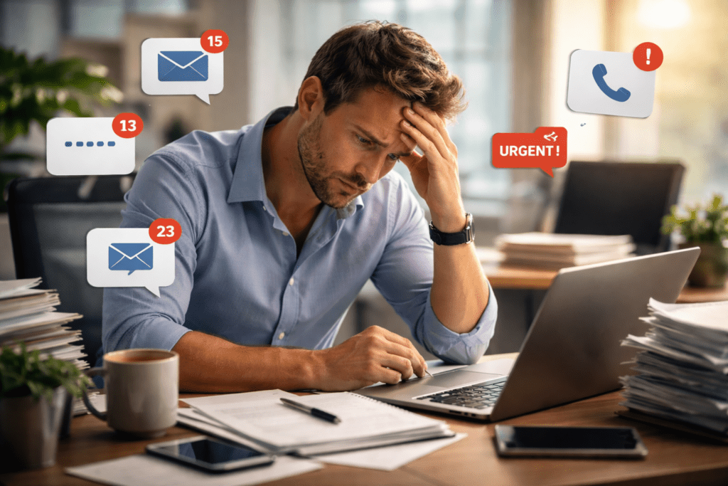 Leader working at desk overwhelmed with notifications and workload, representing lack of boundaries at work.