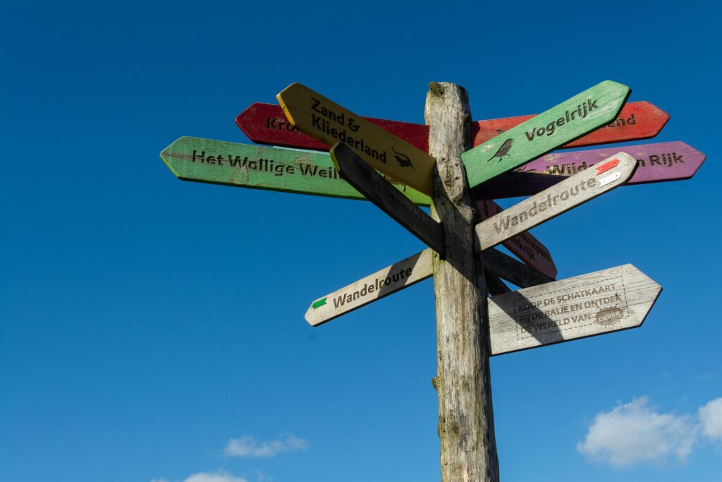 Colorful directional signpost against clear sky