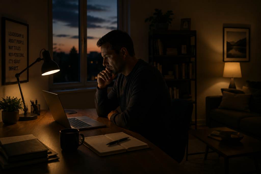 A man sits alone at a desk in low evening light, laptop open, the house quiet around him.
