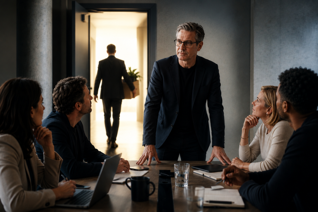 A leader standing at the front of a meeting room, team members looking up mid-conversation, capturing the tension of a leadership transition in progress. Last leader still walking away.