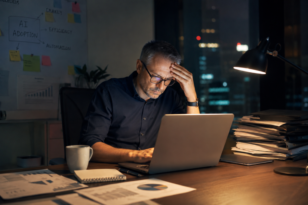 Senior leader working late despite AI adoption, illustrating rising workload pressure